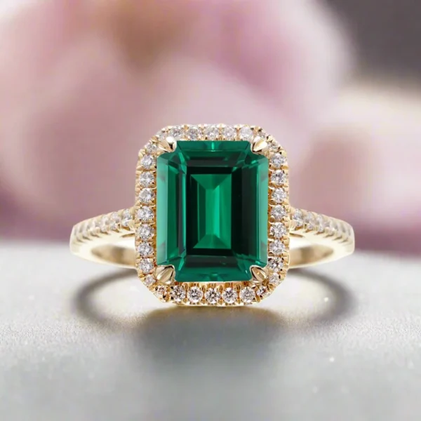 18K Gold Emerald & Diamond Halo Engagement Ring